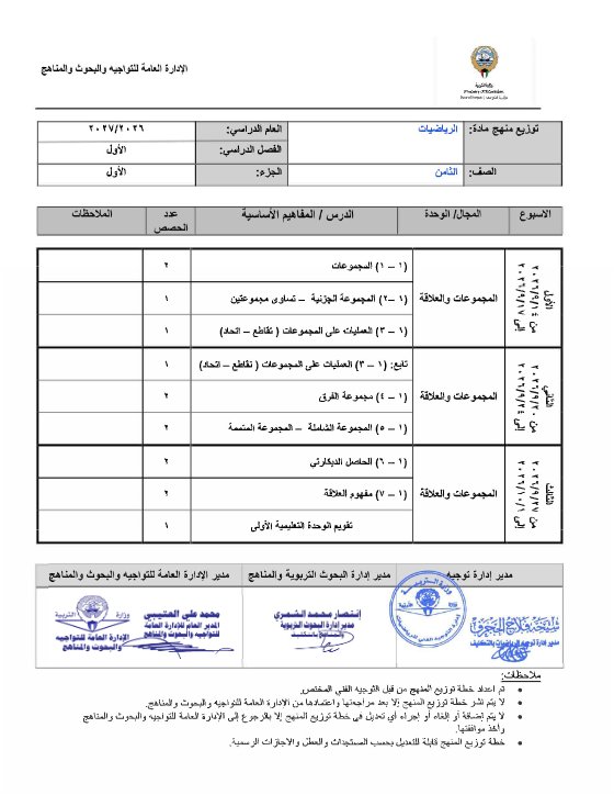 توزيع منهج (الجزء الأول) رياضيات الصف الثامن الفصل الأول 2026-2027