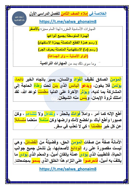 الخلاصة في الاملاء للغة العربية الصف الثامن الفصل الأول أ سلوى غنيم