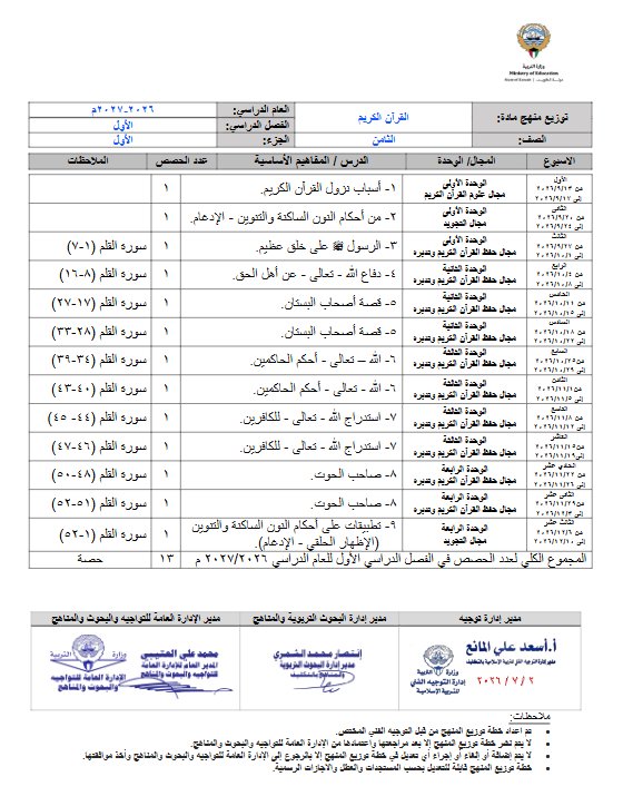توزيع منهج (الجزء الأول) قرآن كريم للصف الثامن الفصل الأول 2026-2027