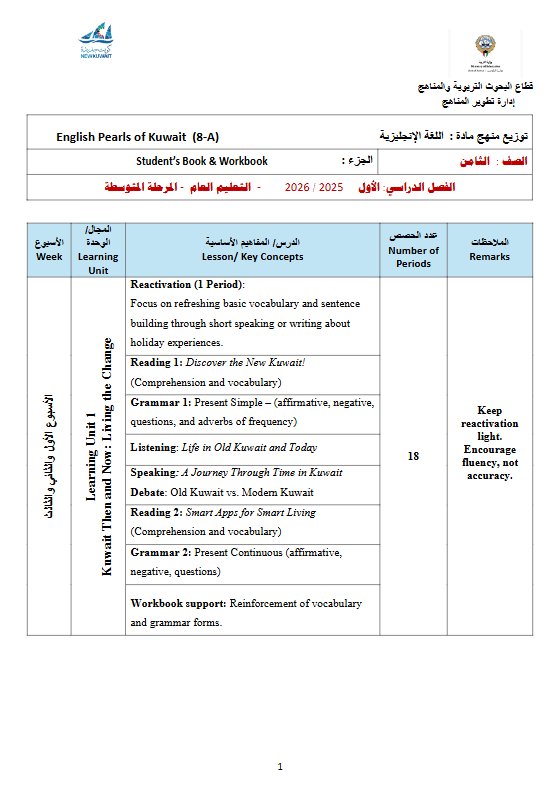 خطة وتوزيع منهج لغة انجليزية الصف الثامن الفصل الأول 2025-2026