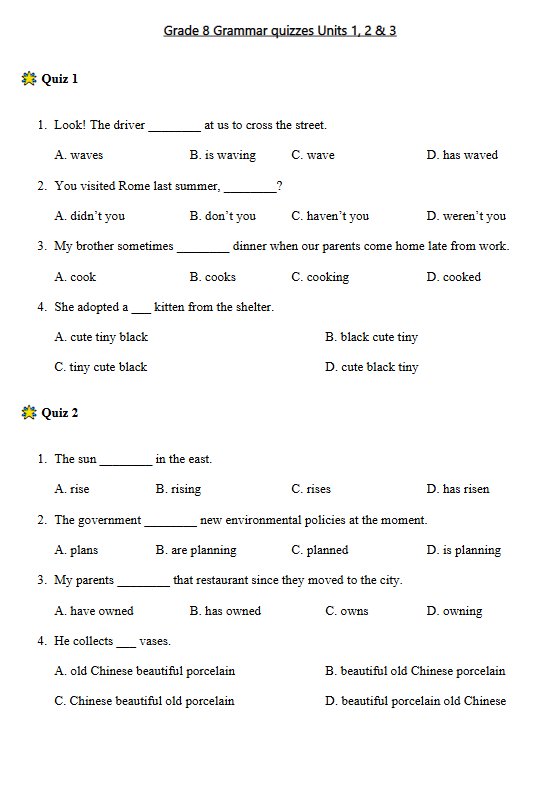 اختبار قواعد لغة انجليزية الصف الثامن الفصل الأول