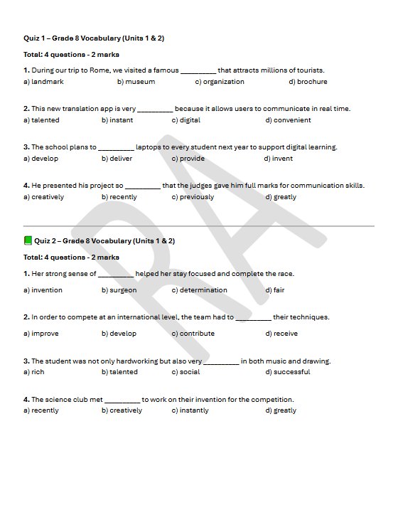 تدريب على الاختبار القصير (معاني الكلمات) لغة انجليزية الصف الثامن الفصل الأول