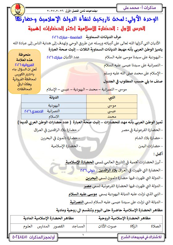 مذكرة الدرسين الأول والثاني اجتماعيات الصف الثامن الفصل الأول 2027 أ محمد علي