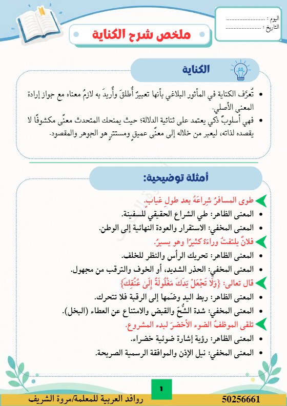 شرح الكناية مع تدريبات لغة عربية الصف التاسع الفصل الأول أ مروة الشريف