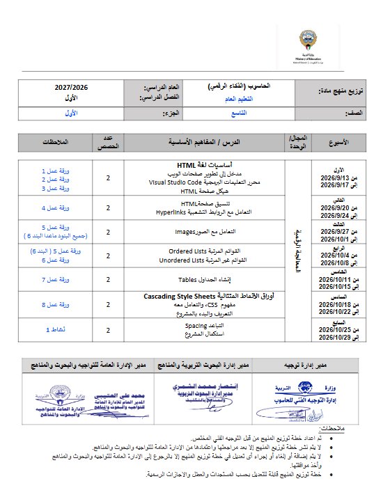 توزيع منهج (الجزء الأول) حاسوب الصف التاسع الفصل الأول 2026-2027