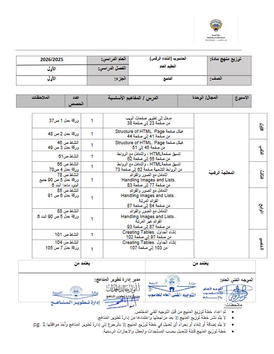 خطة منهج الحاسوب الصف التاسع الفصل الأول 2025-2026