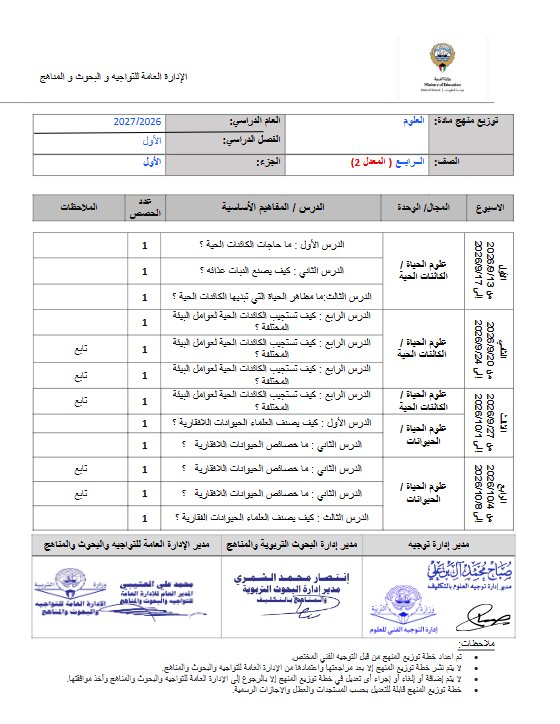 توزيع منهج الجزء الأول (معدل 2) علوم الصف الرابع الفصل الأول 2026-2027