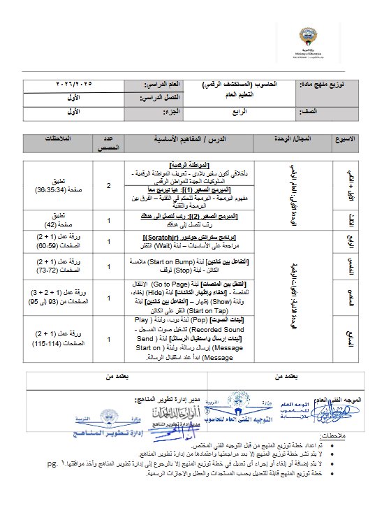 خطة منهج الحاسوب الصف الرابع الفصل الأول 2025-2026