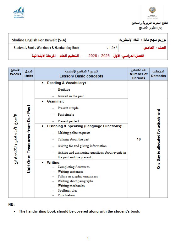 خطة وتوزيع منهج لغة انجليزية الصف الخامس الفصل الأول 2025-2026
