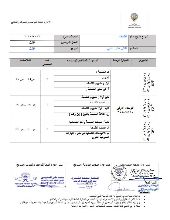 توزيع منهج (الجزء الأول) الفلسفة للصف الثاني عشر أدبي الفصل الأول 2026-2027