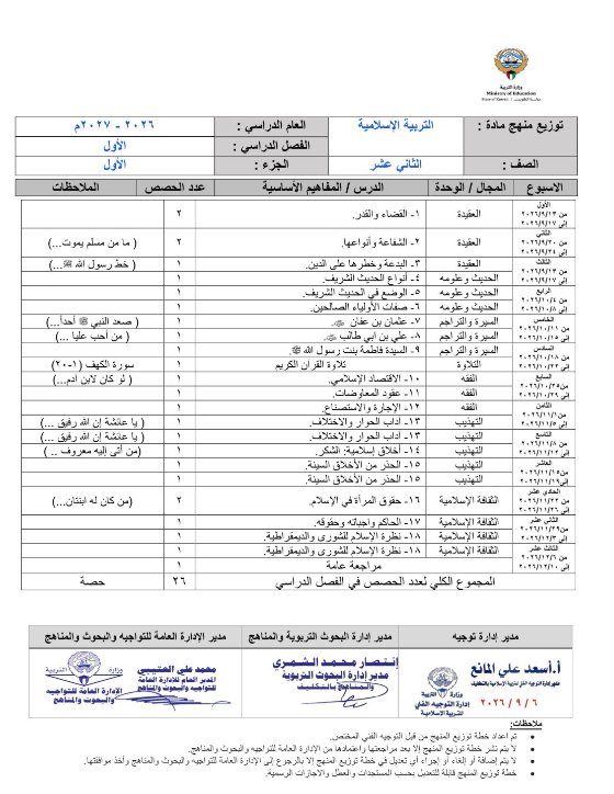توزيع منهج (الجزء الأول) تربية اسلامية للصف الثاني عشر الفصل الأول 2026-2027