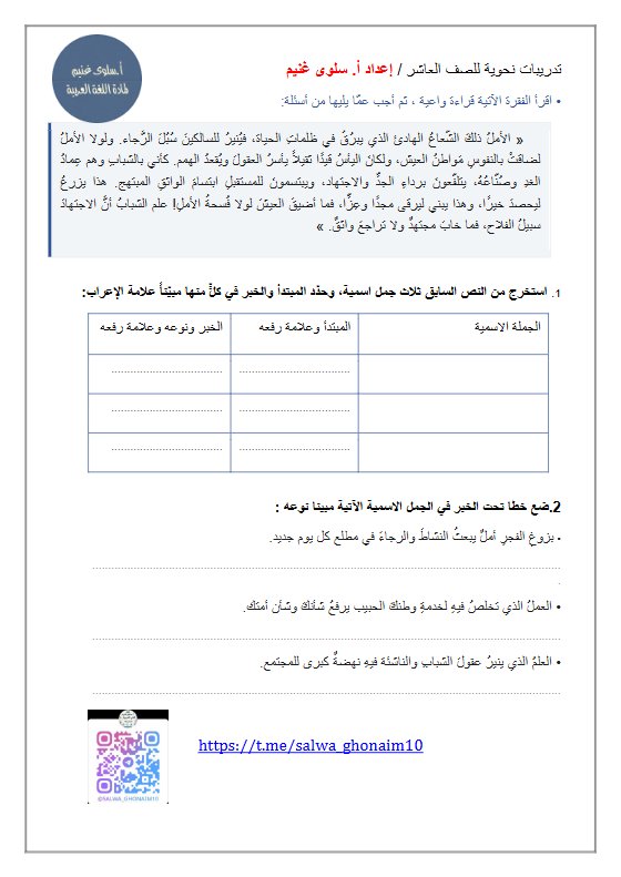 تدريبات نحوية للغة العربية الصف العاشر الفصل الأول أ سلوى غنيم