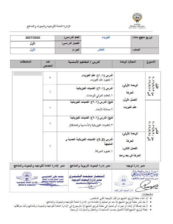 توزيع منهج (الجزء الأول) فيزياء الصف العاشر الفصل الأول 2026-2027
