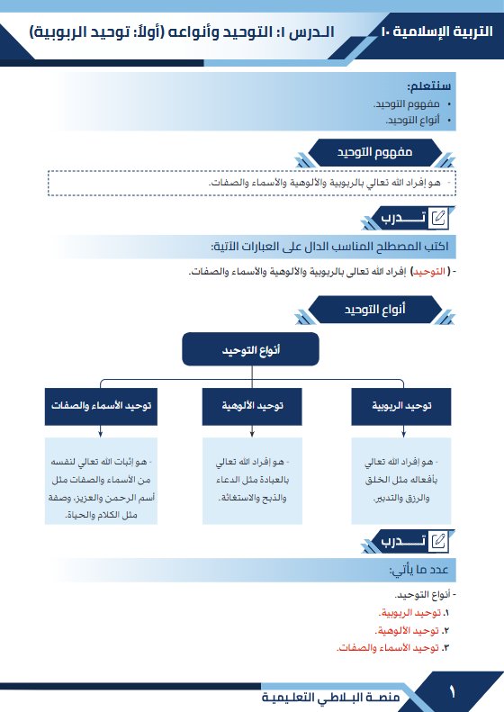 مذكرة درس (التوحيد وأنواعه - توحيد الربوبية) تربية اسلامية للصف العاشر الفصل الأول #البلاطي