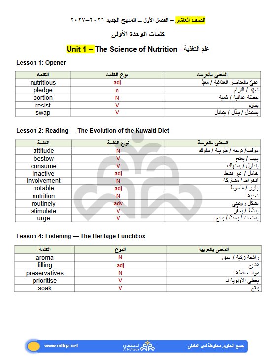 كلمات لغة انجليزية الصف العاشر الفصل الأول 2026-2027 #الملتقى