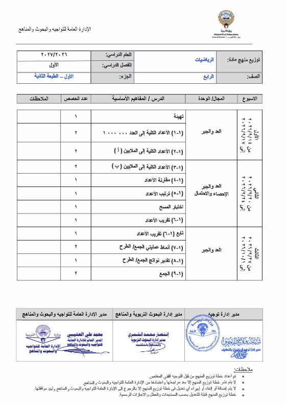 توزيع منهج (الجزء الأول) رياضيات الصف الرابع الفصل الأول 2026-2027