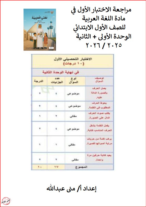 مراجعة الاختبار الأول لغة عربية الصف الأول الفصل الأول 2025-2026 أ منى عبدالله