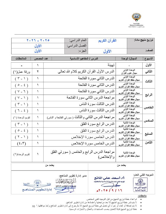 خطة منهج القرآن الكريم الصف الأول الفصل الأول 2025-2026