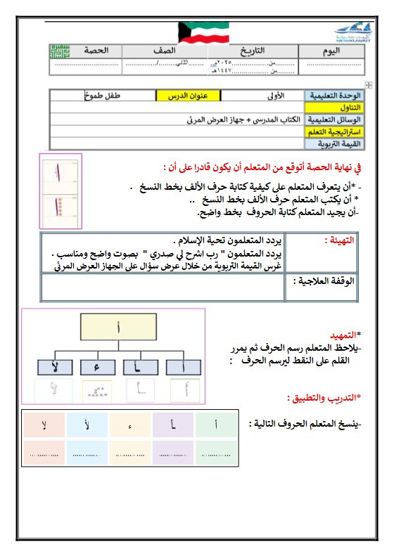 التحضير الكتابي لدرس طفل طموح (الخط) لغة عربية الصف الثاني الفصل الأول أ سميرة بيلسان
