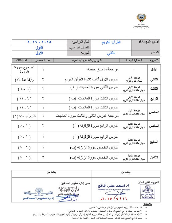 خطة منهج القرآن الكريم الصف الثاني الفصل الأول 2025-2026
