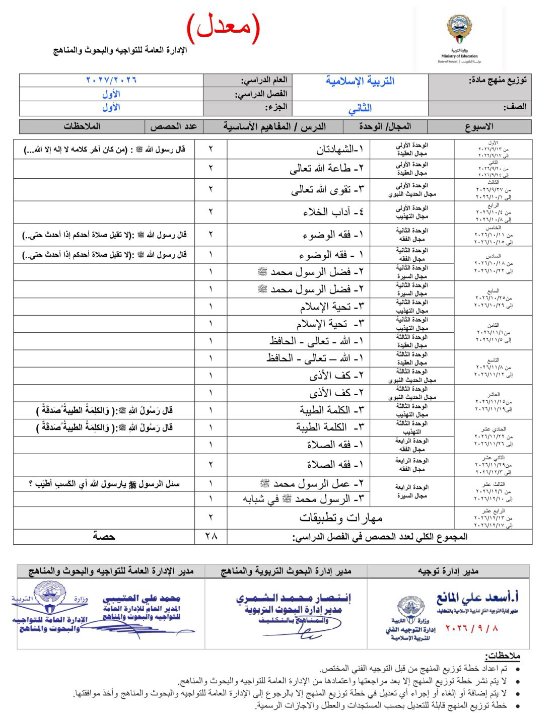 توزيع منهج (الجزء الأول) معدل تربية اسلامية للصف الثاني الفصل الأول 2026-2027