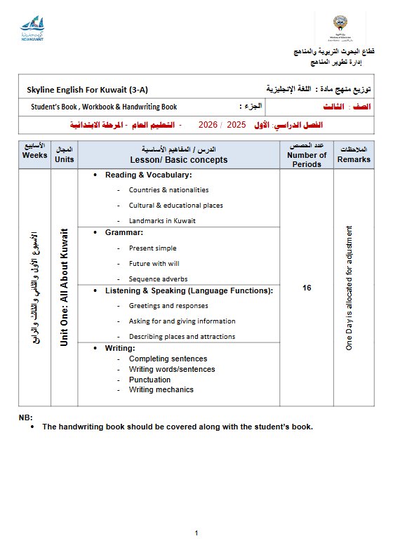 خطة وتوزيع منهج لغة انجليزية الصف الثالث الفصل الأول 2025-2026