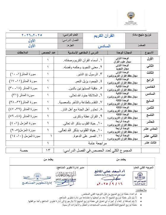 خطة منهج القرآن الكريم الصف السادس الفصل الأول 2025-2026