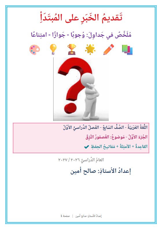 ملخص تقديم الخبر وجوبا وجوازا لغة عربية الصف السابع الفصل الأول 2026-2027 أ صالح أمين