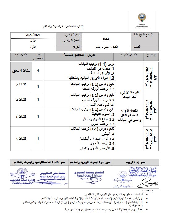 توزيع منهج (الجزء الأول) أحياء الصف الحادي عشر علمي الفصل الأول 2026-2027