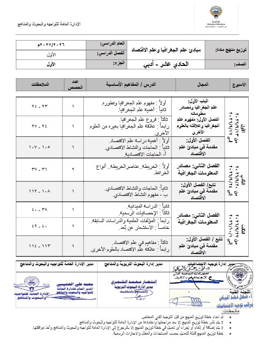 توزيع منهج (الجزء الأول) علم الجغرافيا للصف الحادي عشر أدبي الفصل الأول 2026-2027