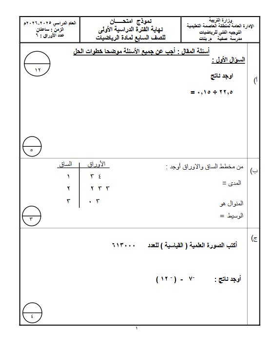 نموذج امتحان رياضيات الصف السابع الفصل الأول #العاصمة