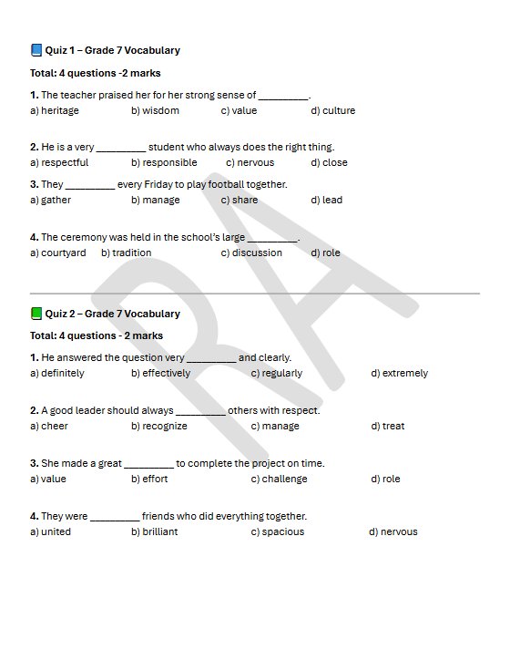تدريب على الاختبار القصير (معاني الكلمات) لغة انجليزية الصف السابع الفصل الأول