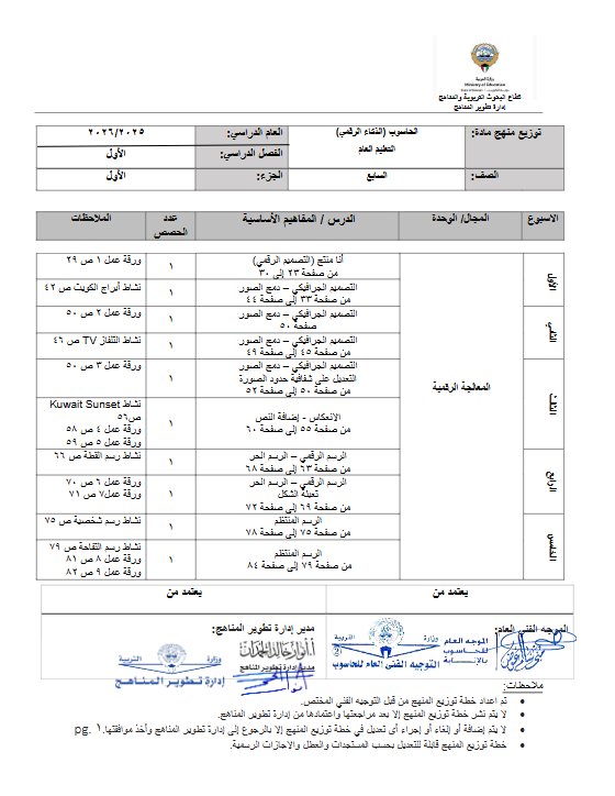 خطة منهج الحاسوب الصف السابع الفصل الأول 2025-2026