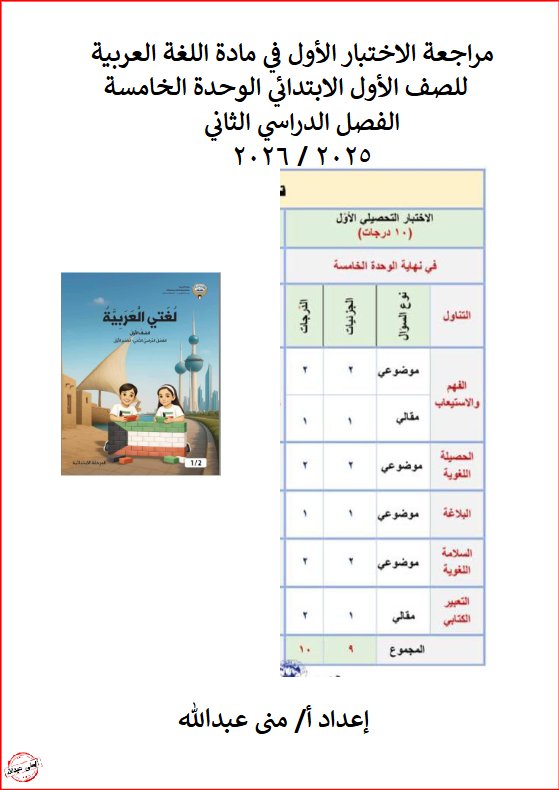 مراجعة الاختبار الاول للوحدة الخامسة لغة عربية الصف الأول الفصل الثاني أ منى عبدالله