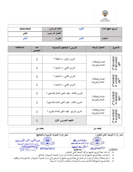 توزيع منهح علوم الصف الثاني الفصل الثاني
