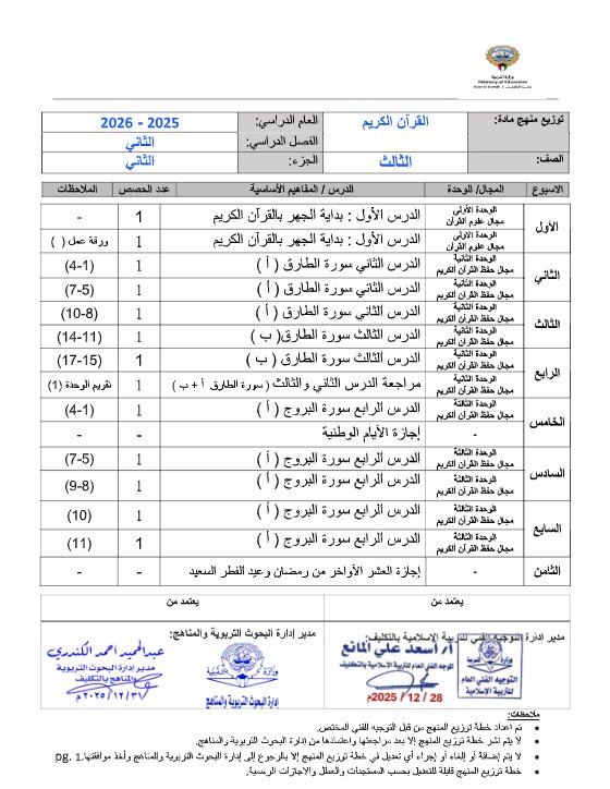 خطة توزيع منهج القرآن الكريم للصف الثالث الفصل الثاني