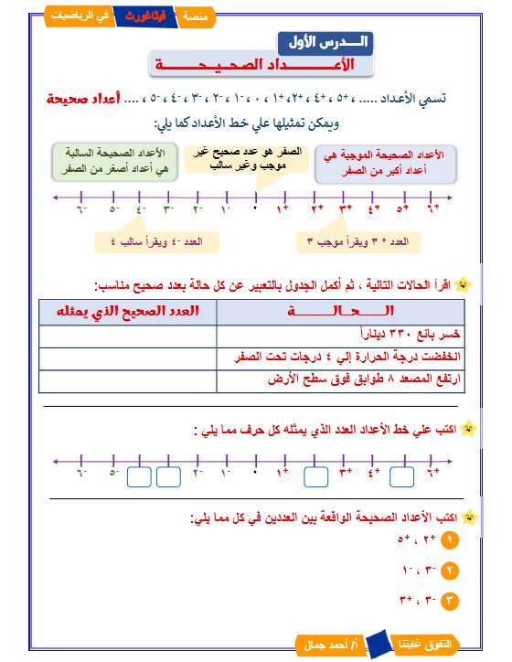 مذكرة وحدة الأعداد الصحيحة رياضيات الصف السادس الفصل الثاني #فيثاغورث