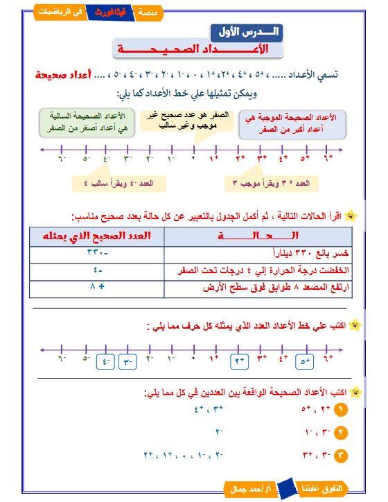 حل مذكرة وحدة الأعداد الصحيحة رياضيات الصف السادس الفصل الثاني #فيثاغورث