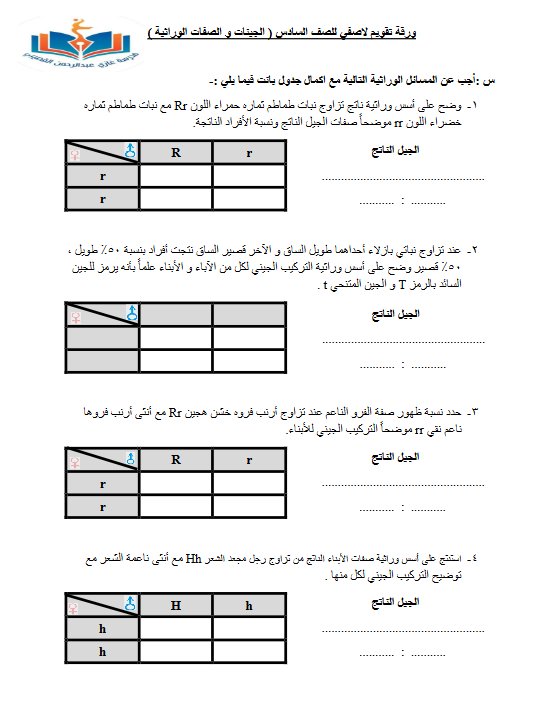 ورقة تقويم لا صفي (الجينات والصفات الوراثية) علوم الصف السادس الفصل الثاني