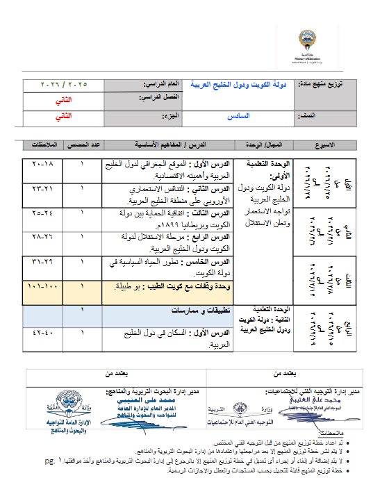 توزيع منهج اجتماعيات الصف السادس الفصل الثاني