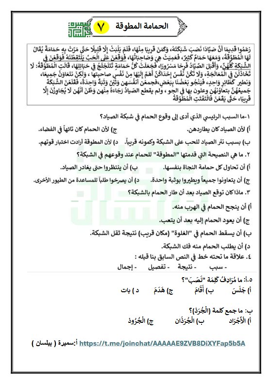 ورقة عمل الحمامة المطوقة لغة عربية الصف السابع الفصل الثاني أ سميرة بيلسان