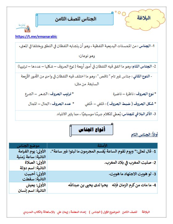 مذكرة الجناس للغة العربية الصف الثامن الفصل الثاني