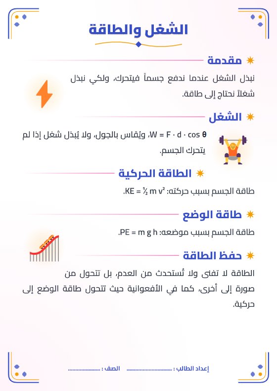 تقرير الشغل والطاقة - فيزياء الصف العاشر