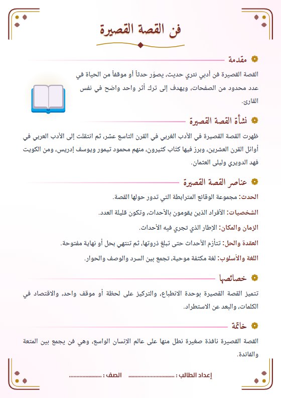تقرير فن القصة القصيرة - لغة عربية الصف الحادي عشر