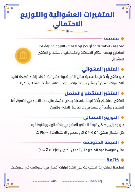 تقرير المتغيرات العشوائية والتوزيع الاحتمالي - رياضيات الصف الحادي عشر