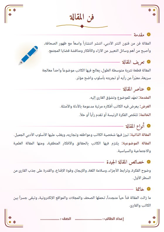 تقرير فن المقالة - لغة عربية الصف الثاني عشر