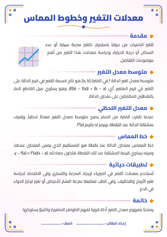 تقرير معدلات التغير وخطوط المماس - رياضيات الصف الثاني عشر