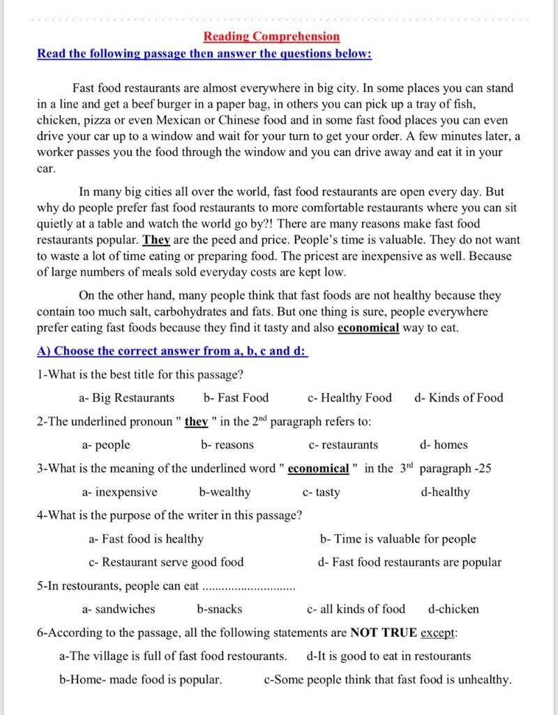نماذج لاختبارات قطعة الفهم والاستيعاب لغة انجليزية الصف التاسع الفصل الثاني